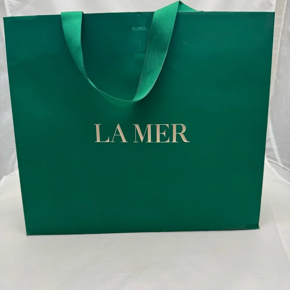 💚 La Mer Extra Large Gift Bags Set of 3 + 2 Satin Ribbons Logo 11x12x5 Used